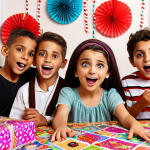 **

A group of excited Arab children gathered around a table, eyes wide with anticipation as they unwrap LOL Surprise! dolls. The table is covered in layers of colorful wrapping paper, revealing glittery stickers and tiny accessories. Focus on the children's expressions of joy and surprise. The background should be a brightly decorated room, reflecting a festive atmosphere. Include traditional Arabic design elements in the decorations, such as lanterns or geometric patterns.

**