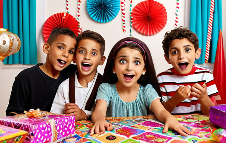 **
A group of excited Arab children gathered around a table, eyes wide with anticipation as they unwrap LOL Surprise! dolls. The table is covered in layers of colorful wrapping paper, revealing glittery stickers and tiny accessories. Focus on the children's expressions of joy and surprise. The background should be a brightly decorated room, reflecting a festive atmosphere. Include traditional Arabic design elements in the decorations, such as lanterns or geometric patterns.
**