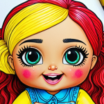 **A vibrant LOL Surprise doll coloring page:** Featuring a cheerful LOL Surprise doll character brought to life with bright yellow, red, and blue colors, showcasing the joy of artistic expression using crayons and watercolors on paper, perfect for young Arabic artists.