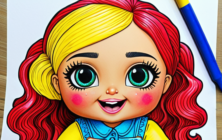 **A vibrant LOL Surprise doll coloring page:** Featuring a cheerful LOL Surprise doll character brought to life with bright yellow, red, and blue colors, showcasing the joy of artistic expression using crayons and watercolors on paper, perfect for young Arabic artists.