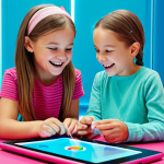 **Digital Interaction:**
    A joyful young girl and her friend, both wearing modest, colorful children's outfits, engaged in a bright, modern playroom. They are happily interacting with a tablet, on which a vibrant, 3D holographic LOL Surprise character appears to be interacting with the physical environment via augmented reality. The scene is captured with perfect anatomy, correct proportions, natural pose, well-formed hands, proper finger count. Professional studio photography, vibrant colors, clear focus. safe for work, appropriate content, fully clothed, family-friendly.