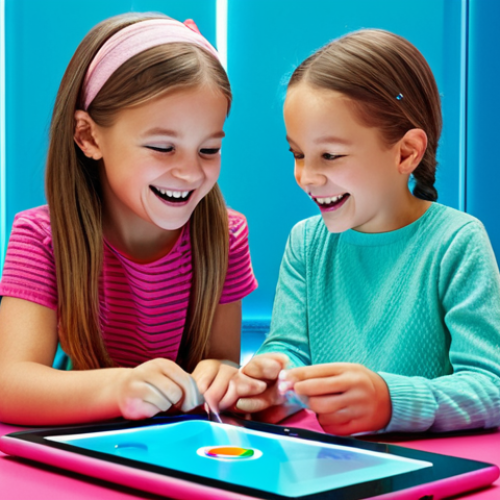 Home 24 **Digital Interaction:**
A joyful young girl and her friend, both wearing modest, colorful children's outfits, engaged in a bright, modern playroom. They are happily interacting with a tablet, on which a vibrant, 3D holographic LOL Surprise character appears to be interacting with the physical environment via augmented reality. The scene is captured with perfect anatomy, correct proportions, natural pose, well-formed hands, proper finger count. Professional studio photography, vibrant colors, clear focus. safe for work, appropriate content, fully clothed, family-friendly.