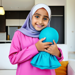 Modern Arabian Girl with LOL Surprise Doll**

A young Arabian girl, around 8 years old, with bright, friendly eyes and a warm smile, wearing a stylish hijab and modest, colorful clothing, holding a LOL Surprise doll in a playful pose, set against a backdrop of a modern Arabian home interior with traditional elements, safe for work, appropriate content, fully clothed, professional, modest, family-friendly, perfect anatomy, correct proportions, natural pose, well-formed hands, proper finger count, natural body proportions, high quality.

**