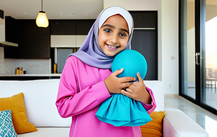 Modern Arabian Girl with LOL Surprise Doll**

A young Arabian girl, around 8 years old, with bright, friendly eyes and a warm smile, wearing a stylish hijab and modest, colorful clothing, holding a LOL Surprise doll in a playful pose, set against a backdrop of a modern Arabian home interior with traditional elements, safe for work, appropriate content, fully clothed, professional, modest, family-friendly, perfect anatomy, correct proportions, natural pose, well-formed hands, proper finger count, natural body proportions, high quality.

**